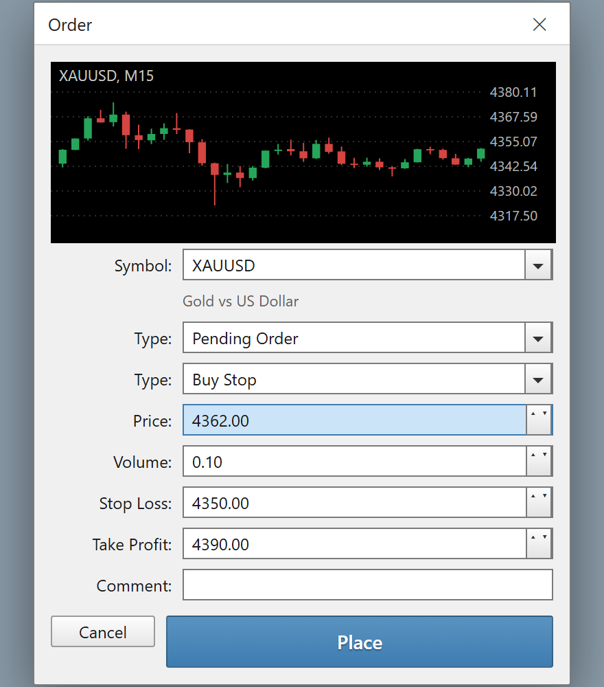 نافذة الأمر في الميتاتريدر مضبوطة على Buy Stop عند 4362.00 مع وقف خسارة 4350.00 وجني أرباح 4390.00