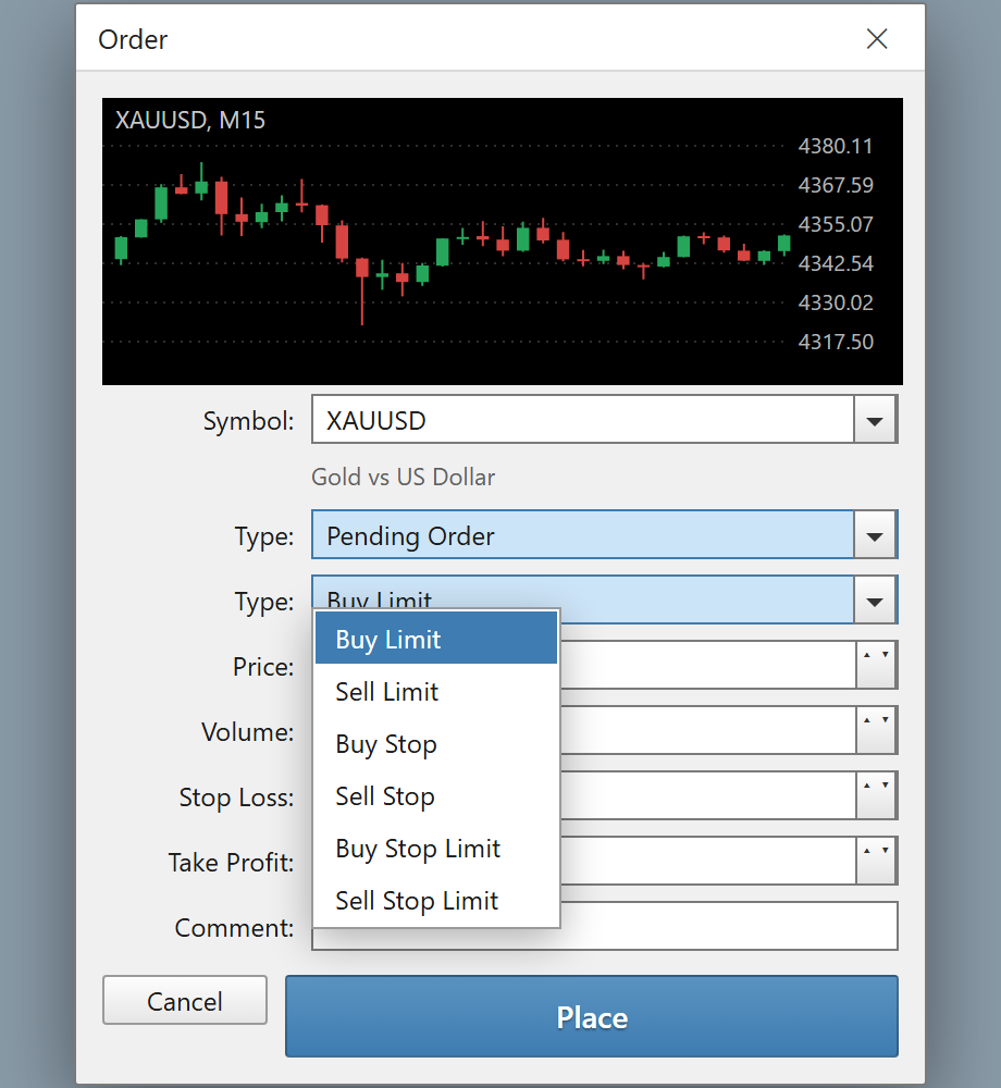 نافذة الأمر في الميتاتريدر وقائمة أنواع الأوامر المعلّقة مفتوحة تعرض Buy Limit و Sell Limit و Buy Stop و Sell Stop و Buy Stop Limit و Sell Stop Limit